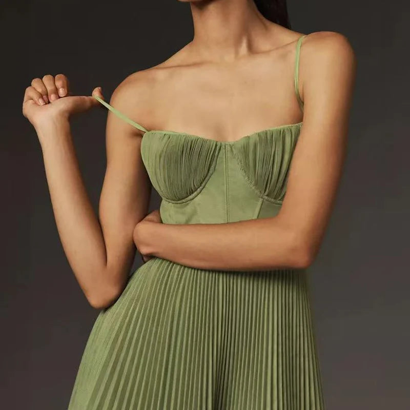 Green Pleated A-Line Dress - Festigal
