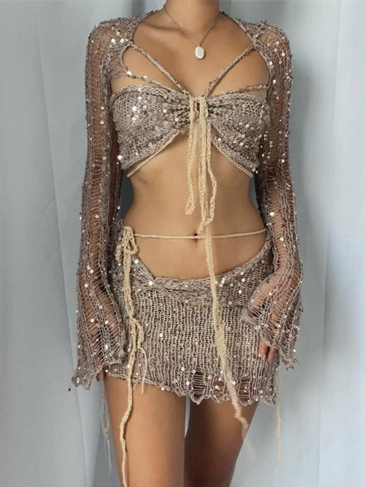 Distressed Knitted Sequin Three Piece Set - Festigal