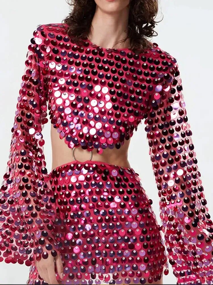 Sequin Cut Out Bell Sleeve Dress - Festigal