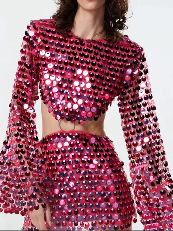 Sequin Cut Out Bell Sleeve Dress - Festigal