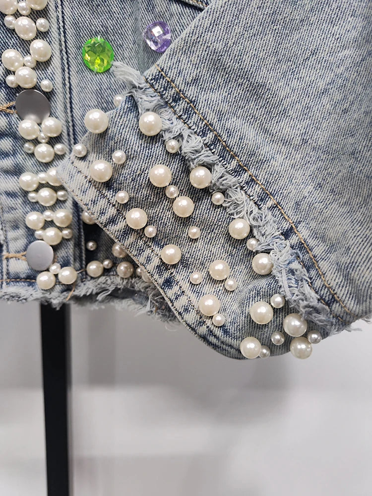 Pearl Gem Embellished Denim Jacket