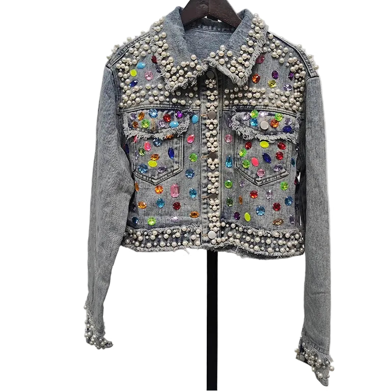 Pearl Gem Embellished Denim Jacket
