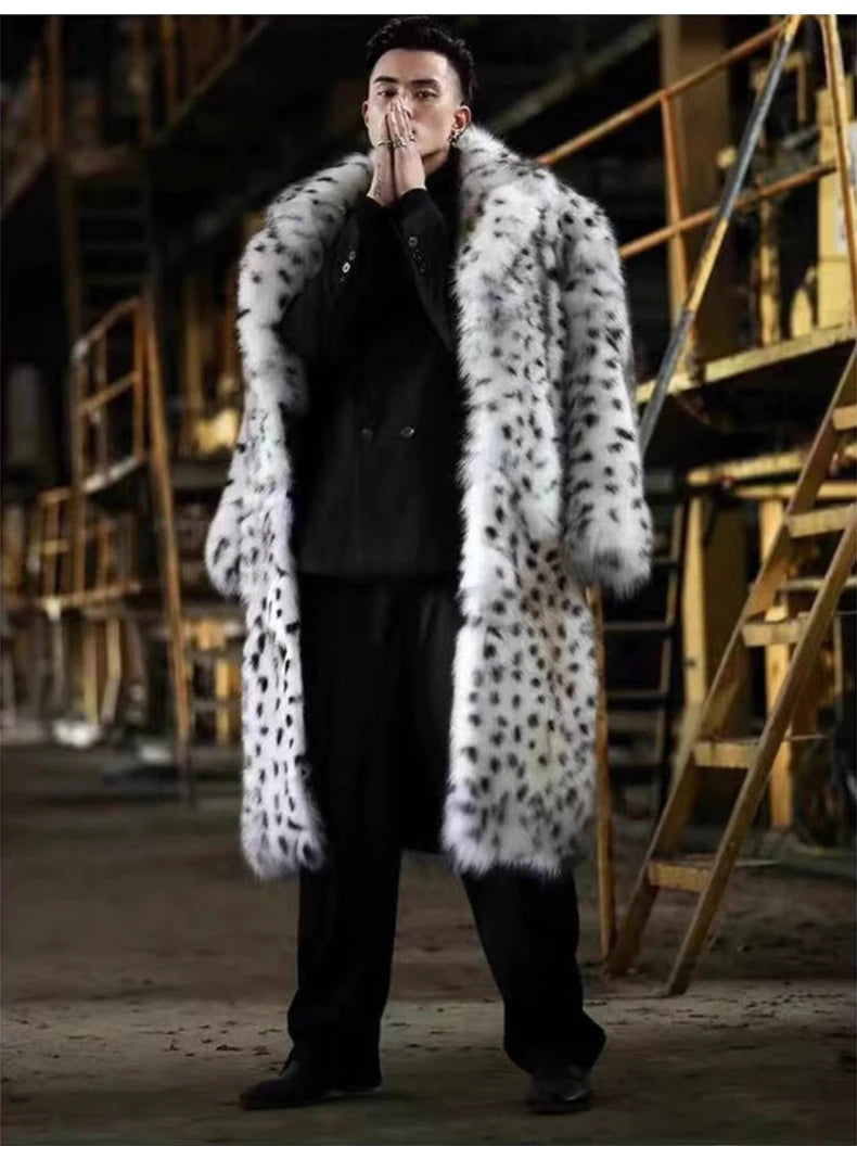 Mens Snow Leopard Faux Fur Coat