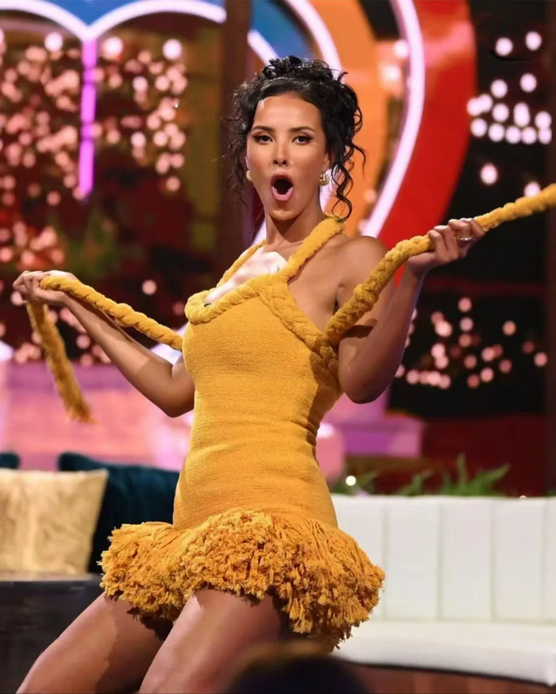 Orange Braided Fluffy Trim Dress - Festigal