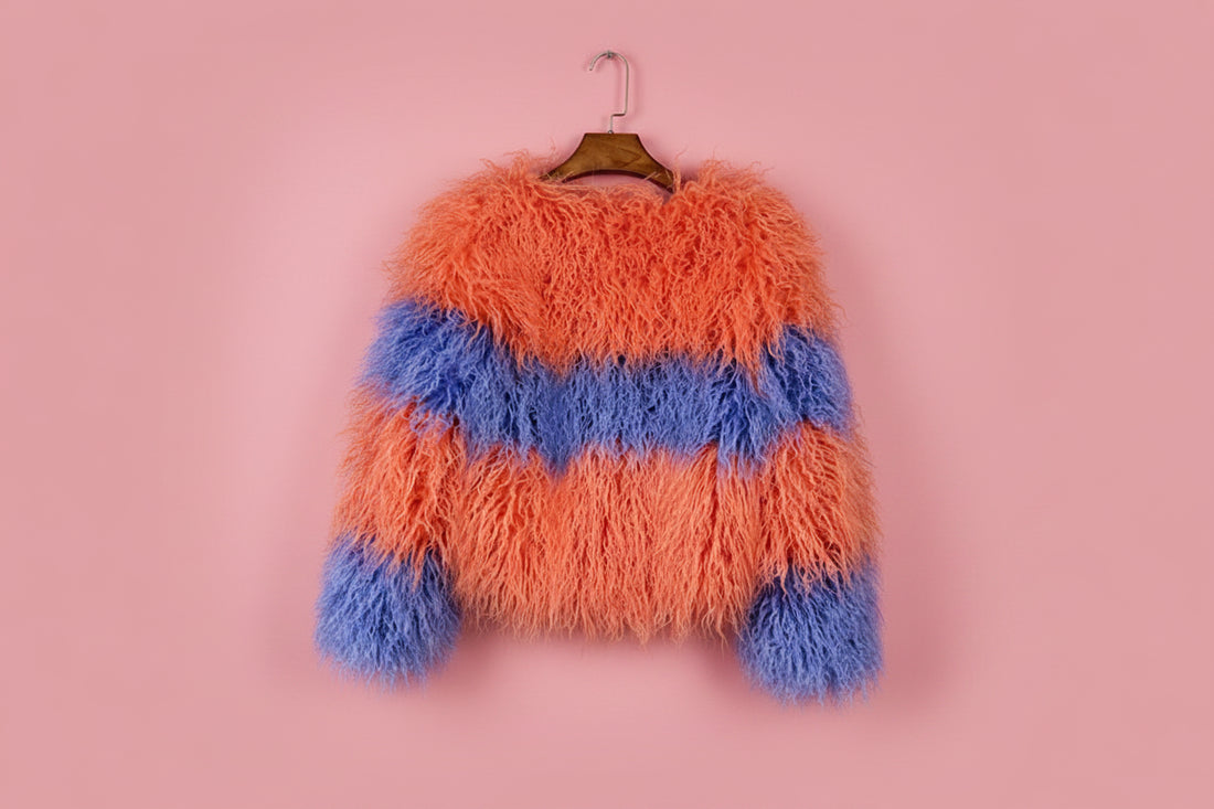 Rainbow Striped Shaggy Faux Fur Coat
