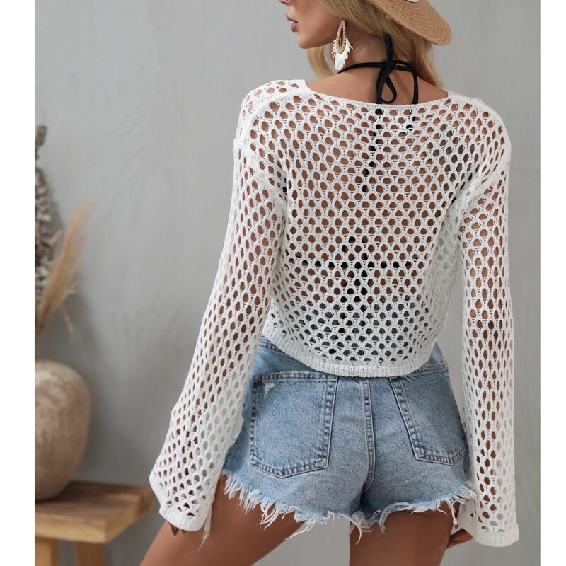 Dramatic Mesh Flare Sleeve Crop Top Pullover - Festigal
