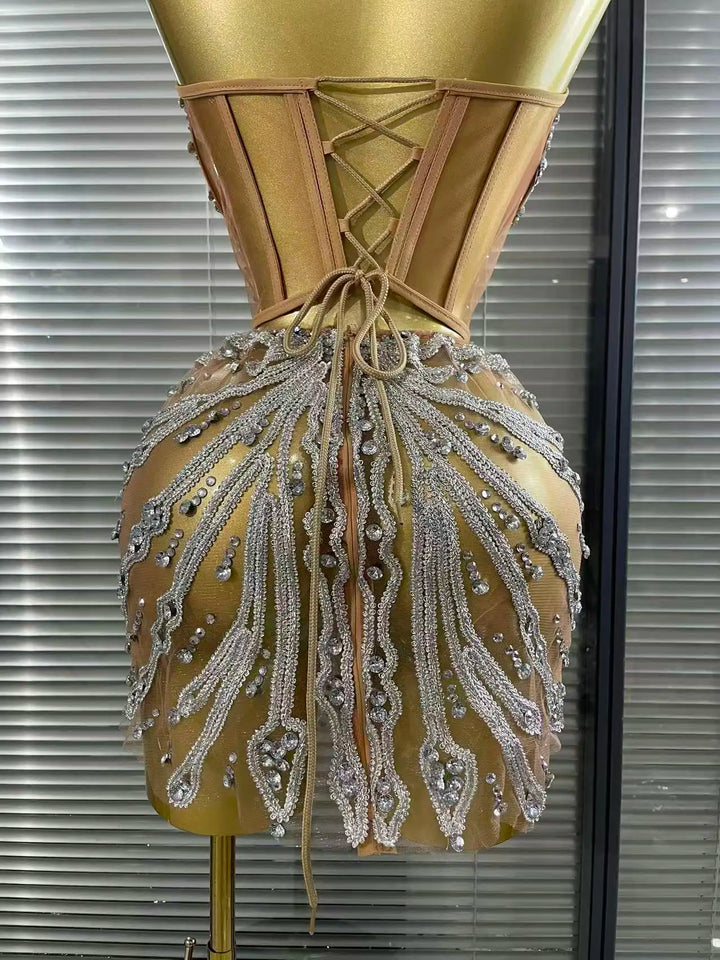 Rhinestone Mesh Strapless Dress