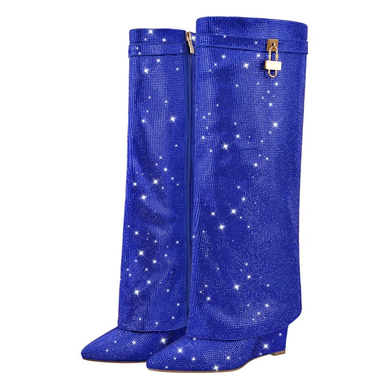 Rhinestone Knee High Wedge Boots