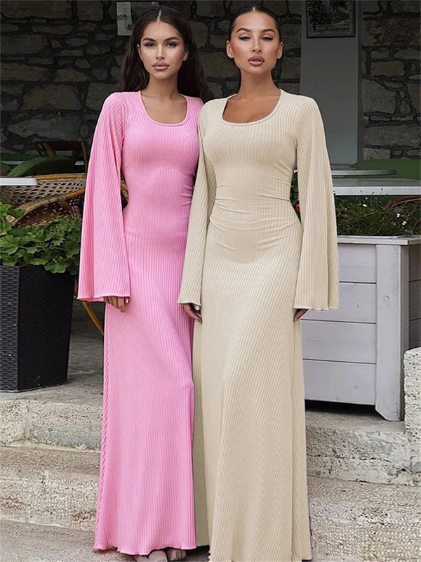 Bell Sleeved Ribbed Maxi Dress - Festigal