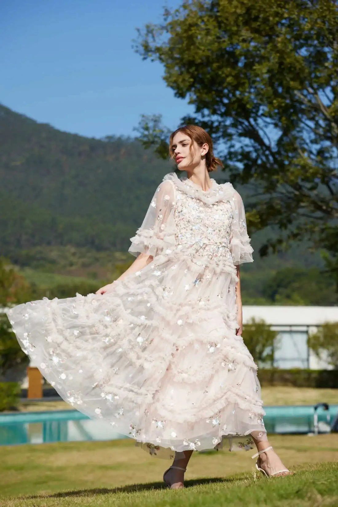 Floral Ruffled Embroidered Maxi Dress