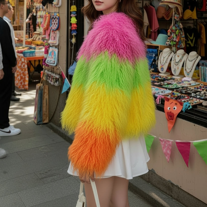 Rainbow Striped Shaggy Faux Fur Coat