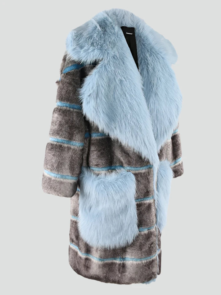 Grey and Blue Striped Faux Fur Coat - Festigal