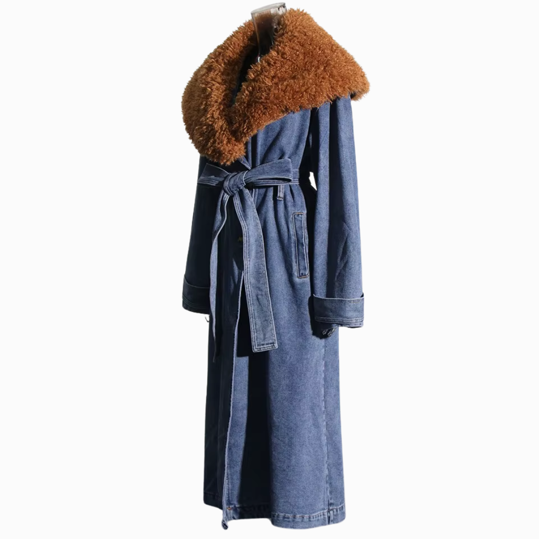 Denim & Fur Collar Trench Coat - Festigal