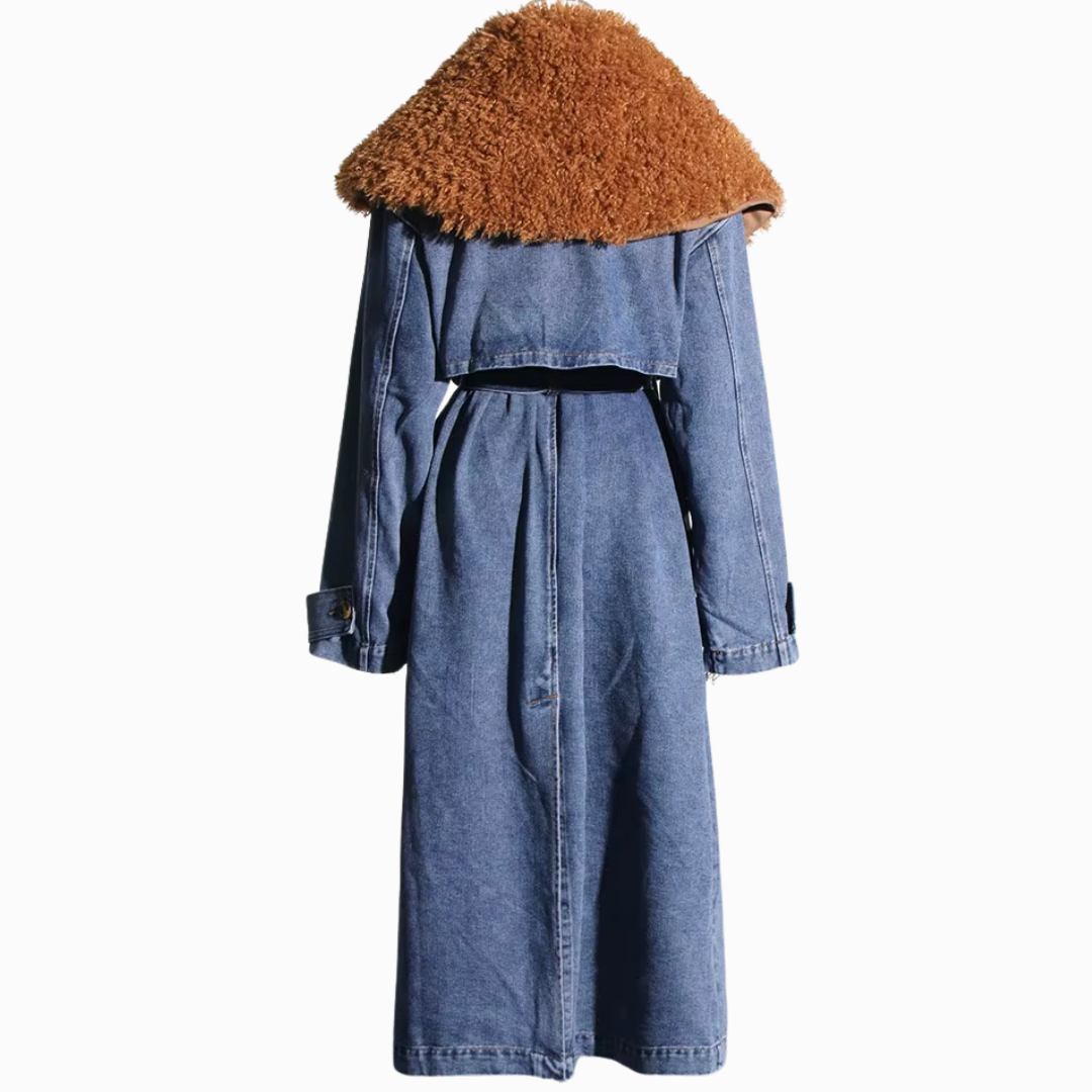 Denim & Fur Collar Trench Coat - Festigal