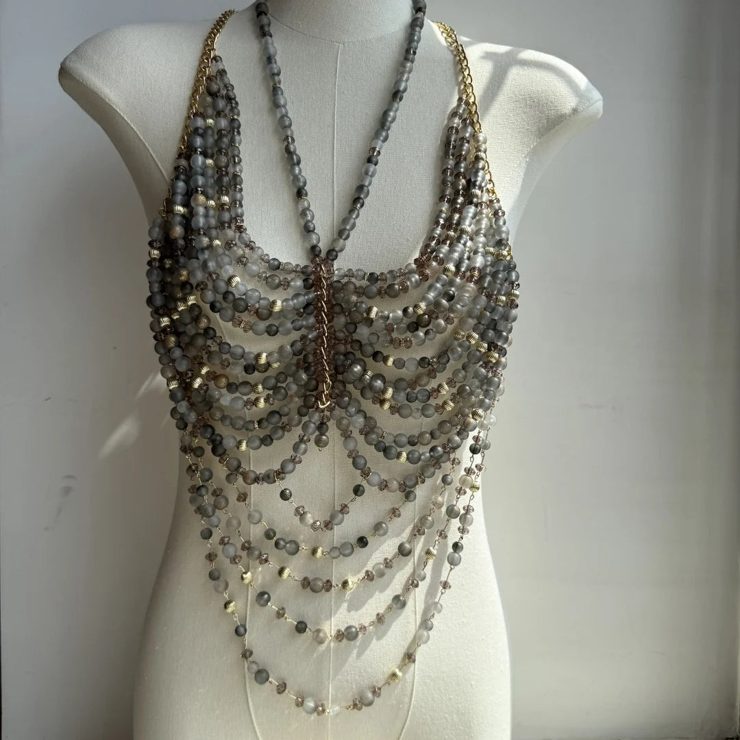 Beaded Tassel Chain Halter Neck Top