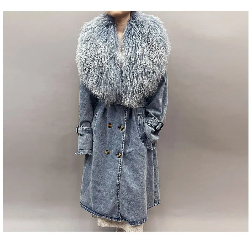 Mongolian Fur Collar Denim Trench Coat - Festigal