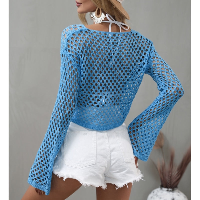 Dramatic Mesh Flare Sleeve Crop Top Pullover - Festigal