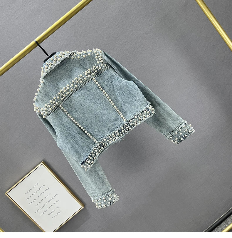 Pearl Gem Embellished Denim Jacket