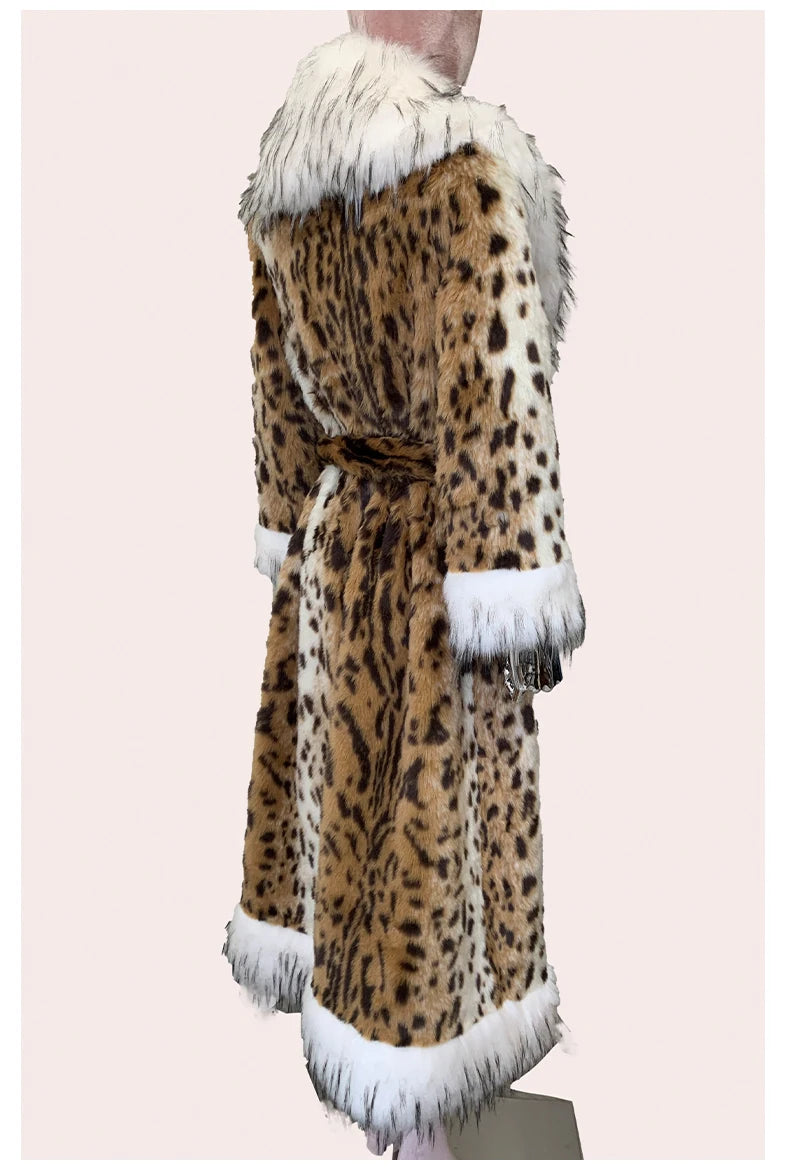 Long Faux Fur Leopard Print Coat - Festigal