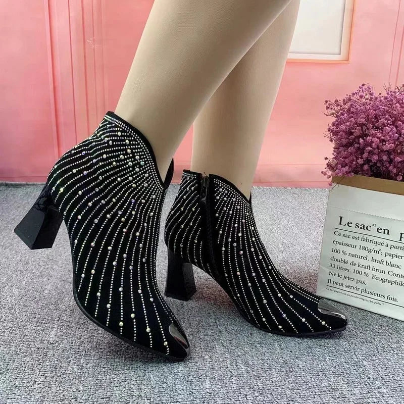 Black Rhinestone Ankle Boots - Festigal