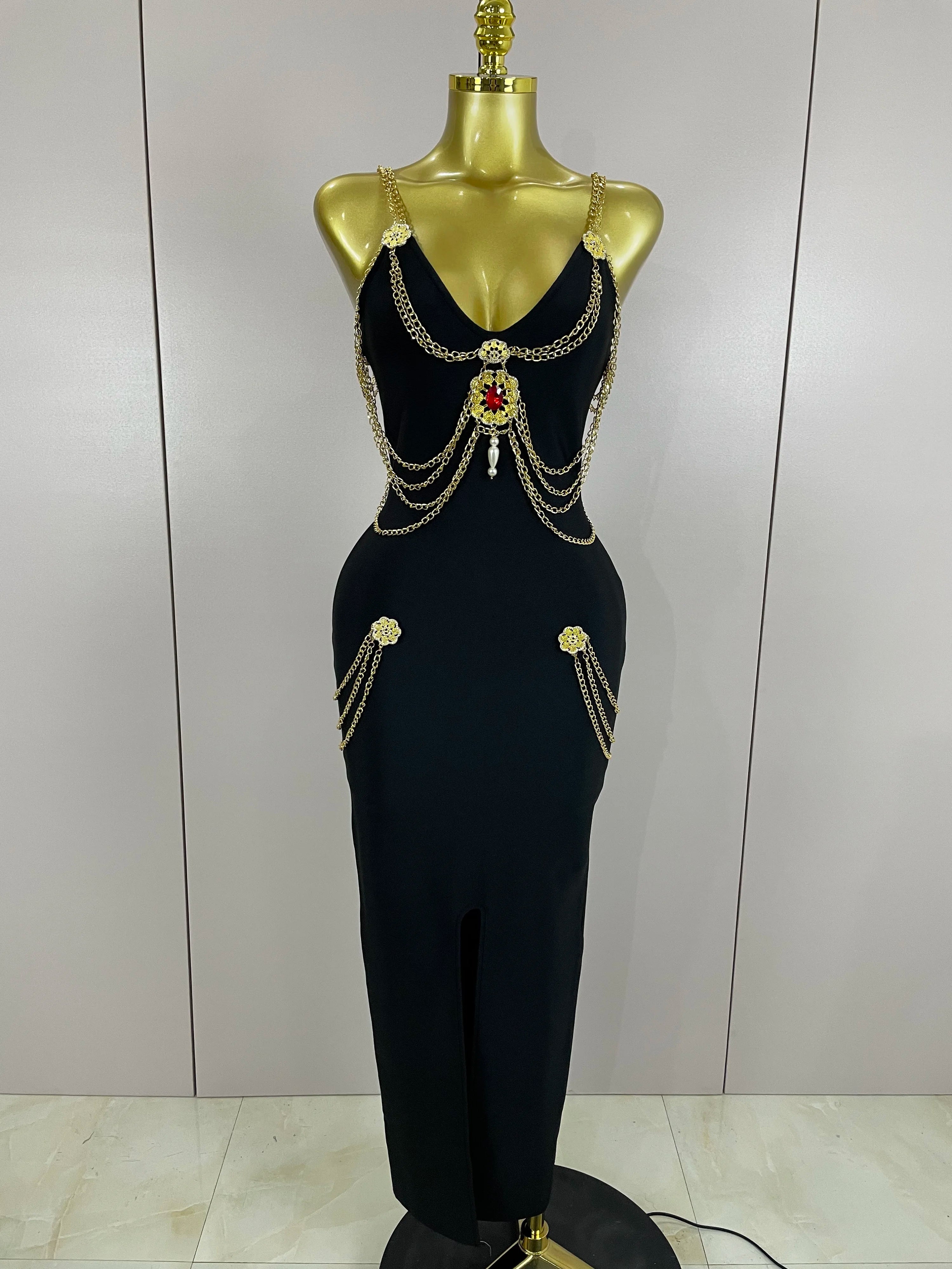 Brooch Chain Maxi Dress - Festigal