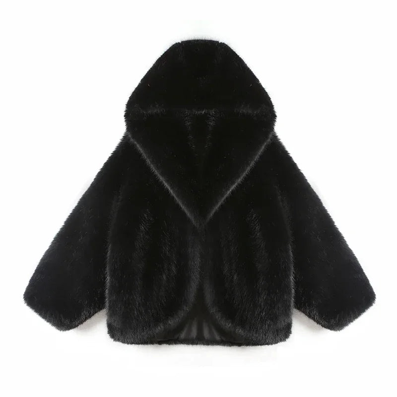 Hooded Batwing Faux Fur Coat - Festigal