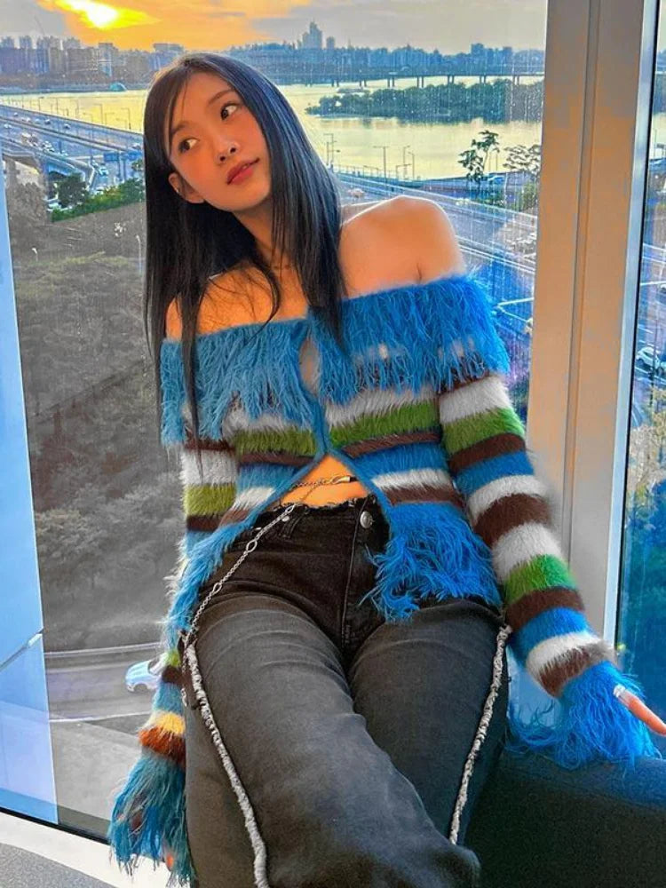 Unusual Slash-Neck Tasselled Cardigan - Festigal
