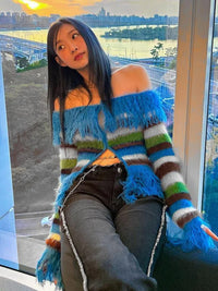 Unusual Slash-Neck Tasselled Cardigan - Festigal