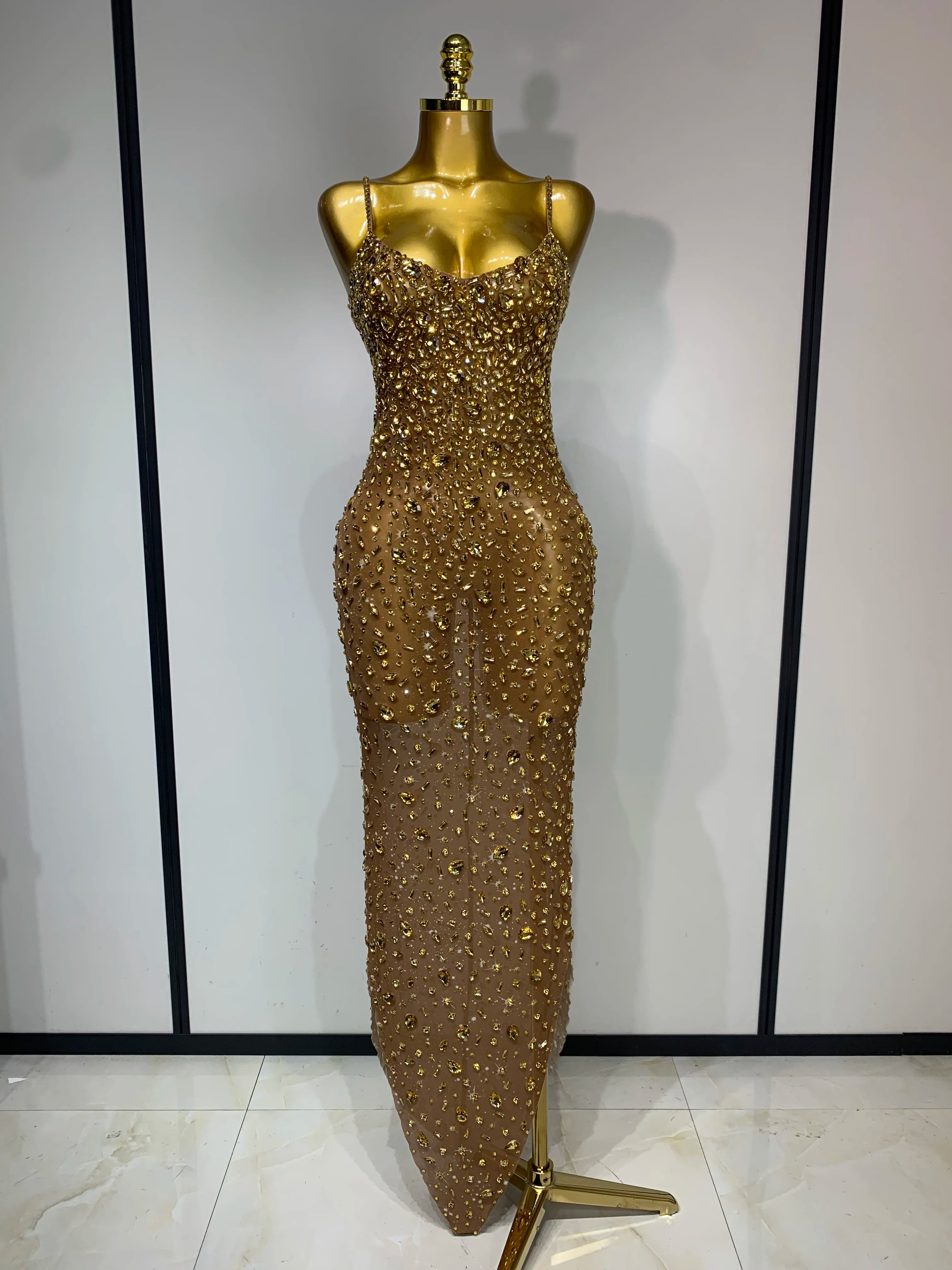 Rhinestone Mesh Maxi Dress