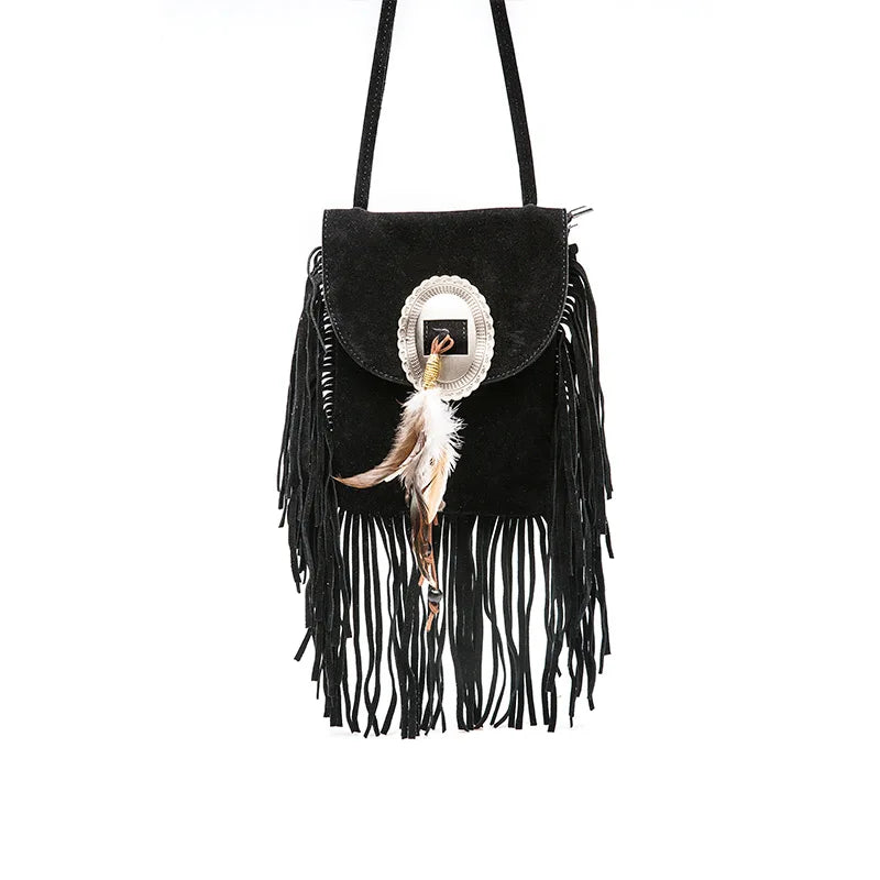 Fringe and Feather Tasselled Shoulder Bag - Festigal
