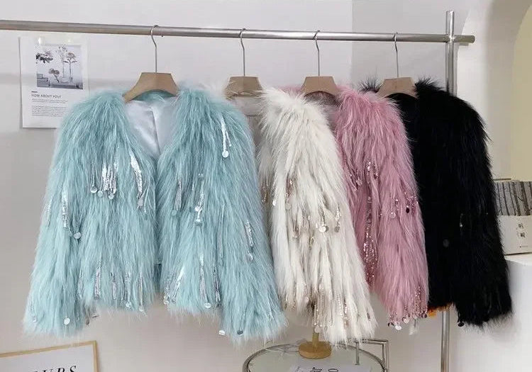 Women's Faux Fur Blue Sequin Tassel Jacket - Festigal
