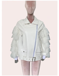 Faux Leather Ruffle Sleeve Jacket - Festigal