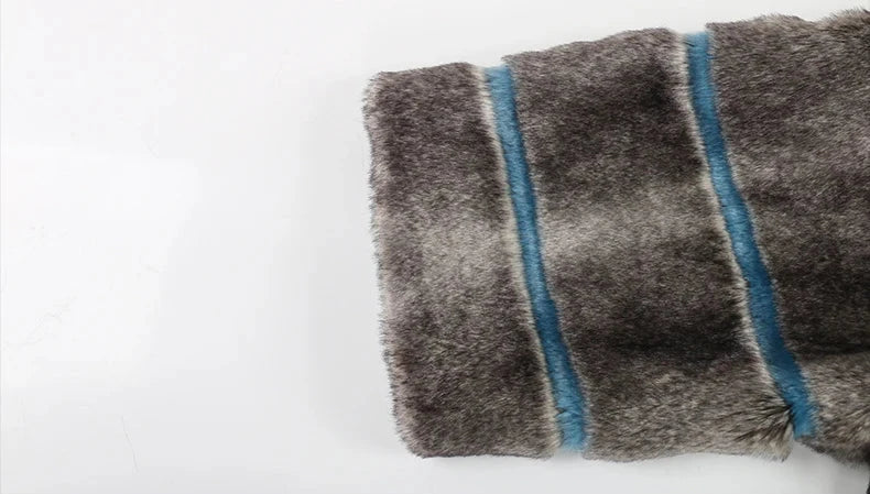 Grey and Blue Striped Faux Fur Coat - Festigal