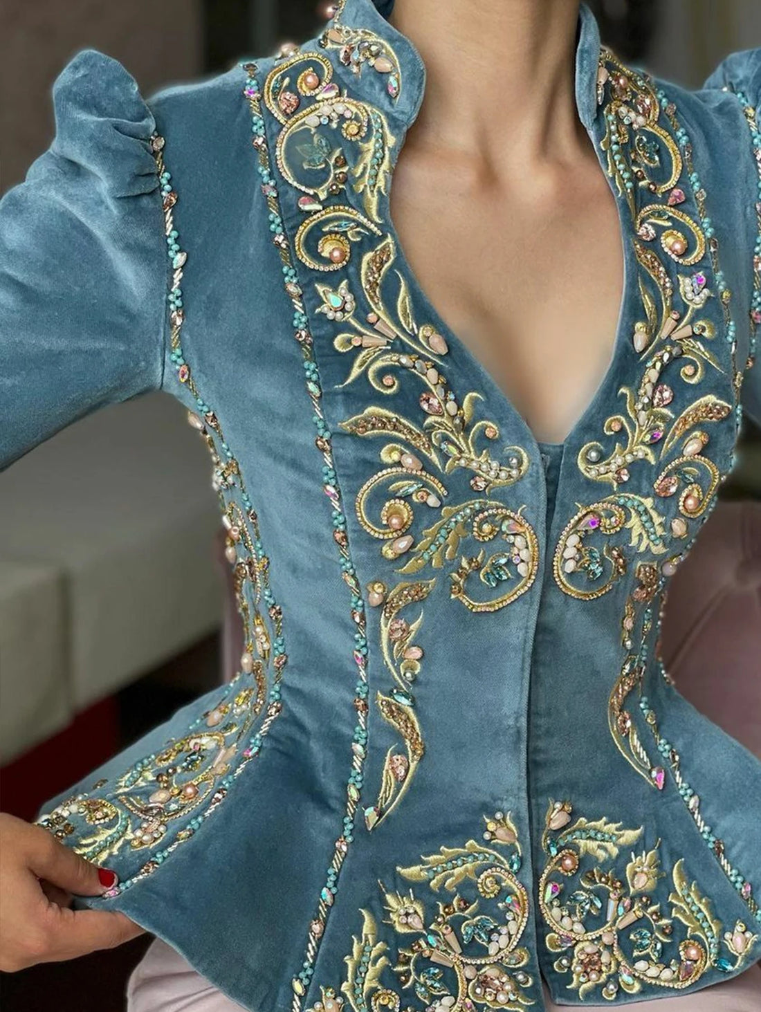 Embroidered Peplum Velvet Blouse - Festigal