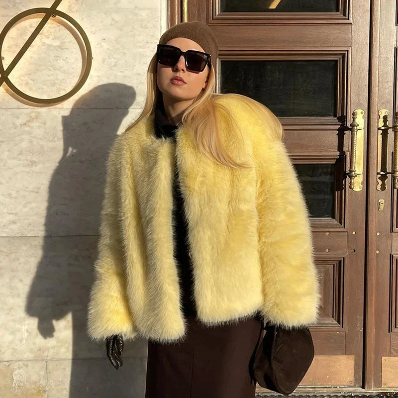 Yellow Faux Fur Coat - Festigal
