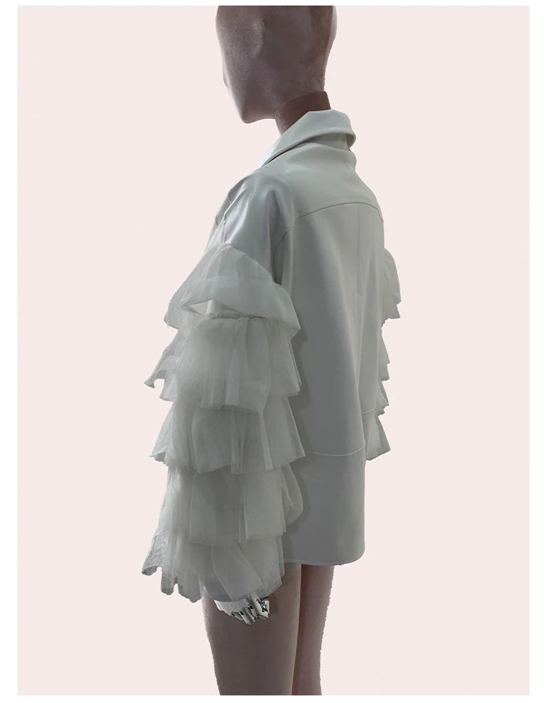 Faux Leather Ruffle Sleeve Jacket - Festigal