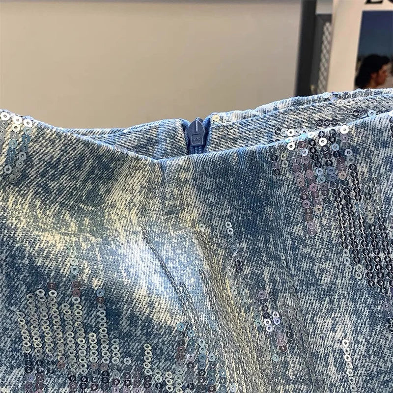 Blue Sequin High Waist Skirt - Festigal