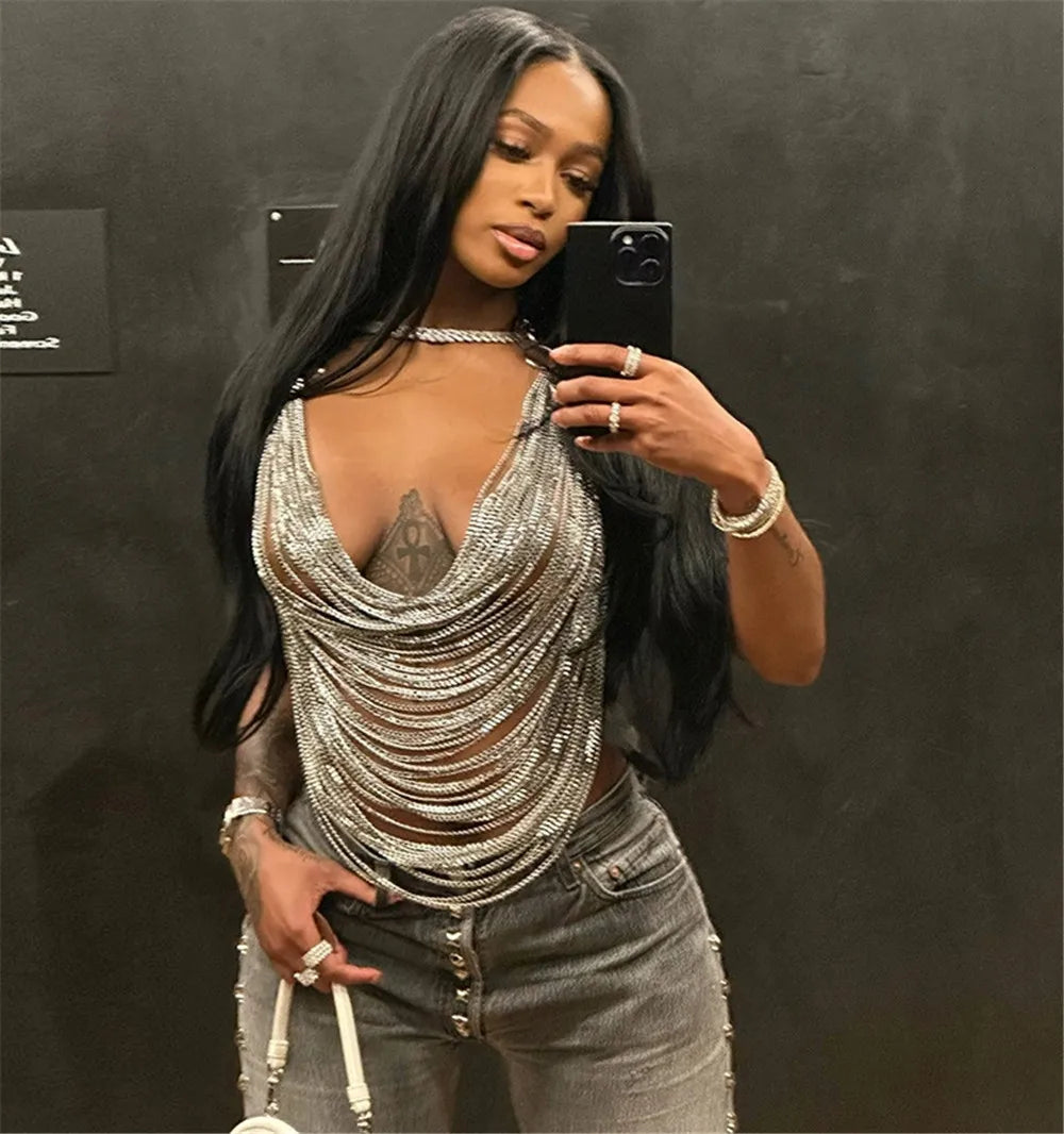 Draped Chain Halter Neck Top