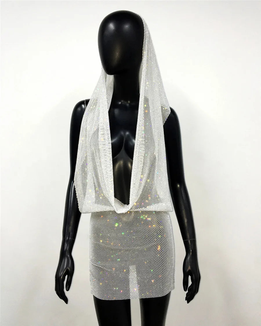 Rhinestone Mesh Hooded Dress - Festigal