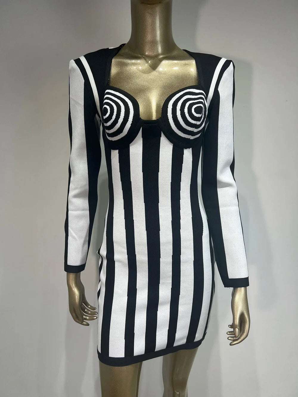 Black and White Striped Bandage Dress - Festigal