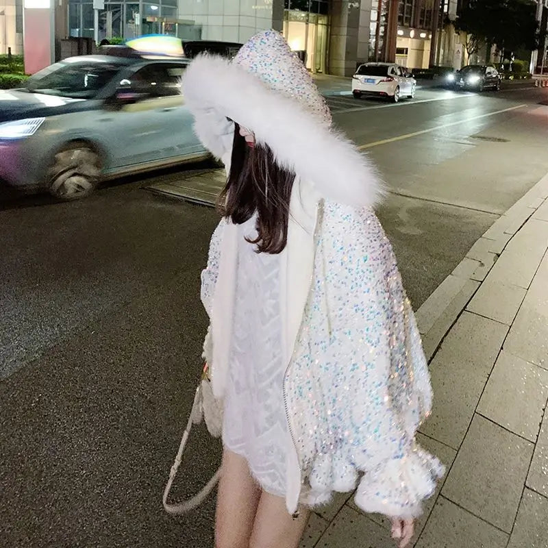 Sequin Ruched Fur Jacket