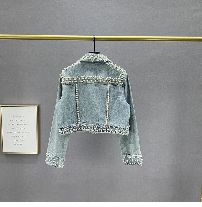 Pearl Gem Embellished Denim Jacket