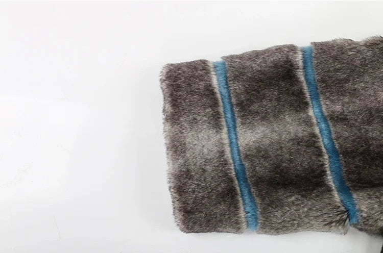 Grey and Blue Striped Faux Fur Coat - Festigal