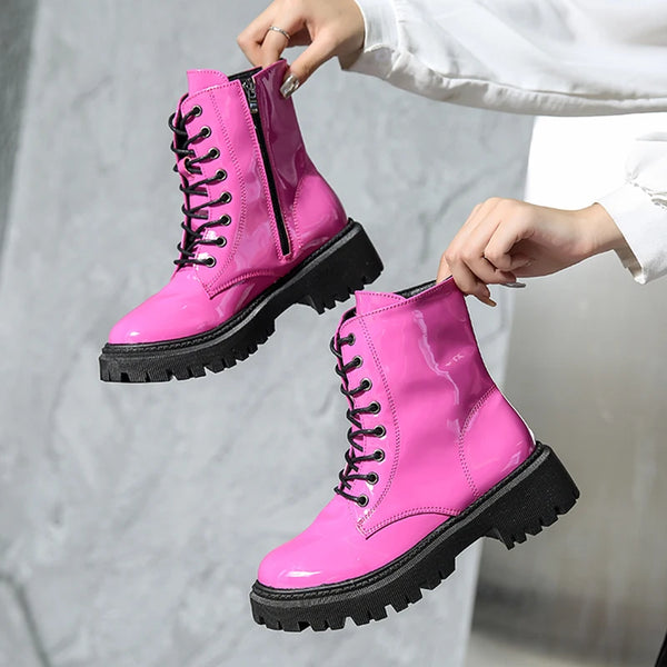 Lace Up Faux Leather Ankle Boots - Festigal