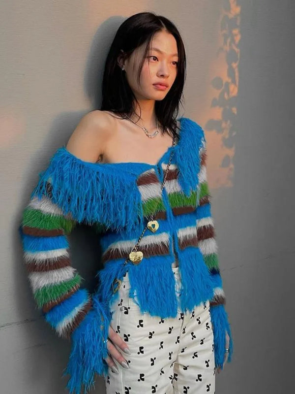 Unusual Slash-Neck Tasselled Cardigan - Festigal