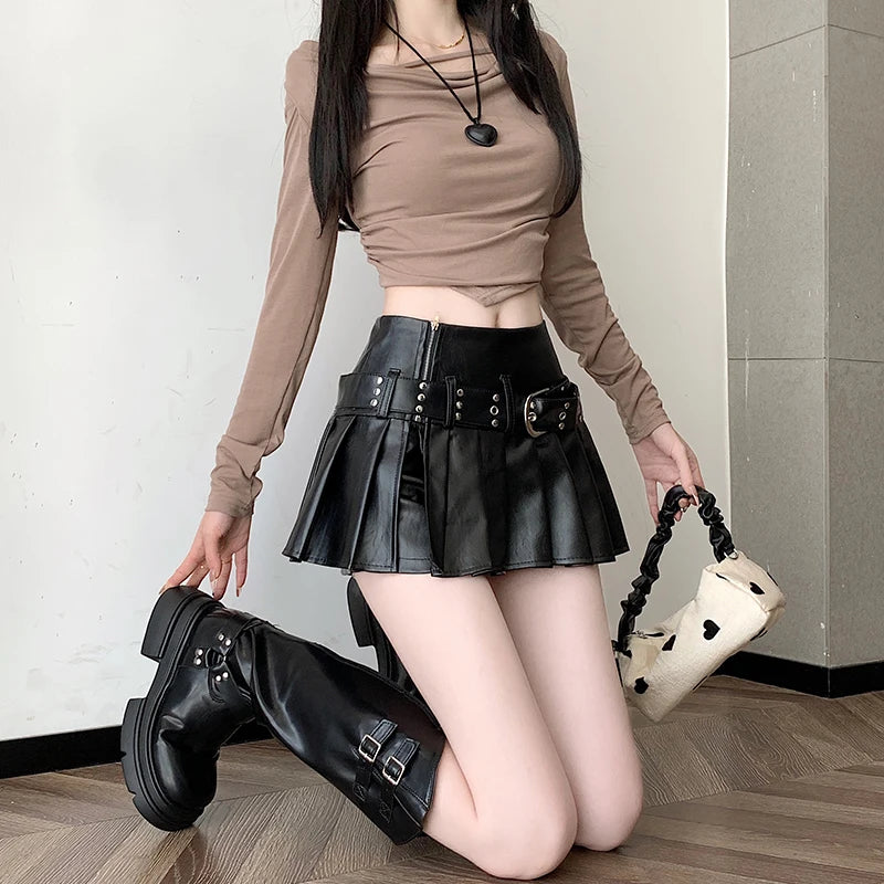 A-Line Pleated Faux Leather Skort - Festigal