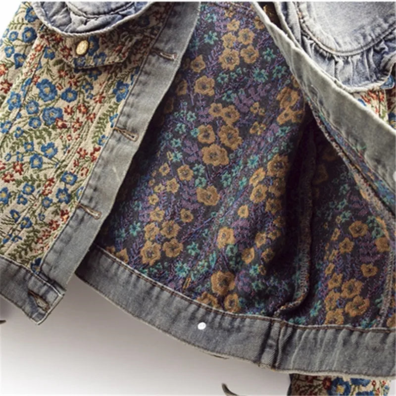 Oversized Collar Floral Denim Jacket - Festigal
