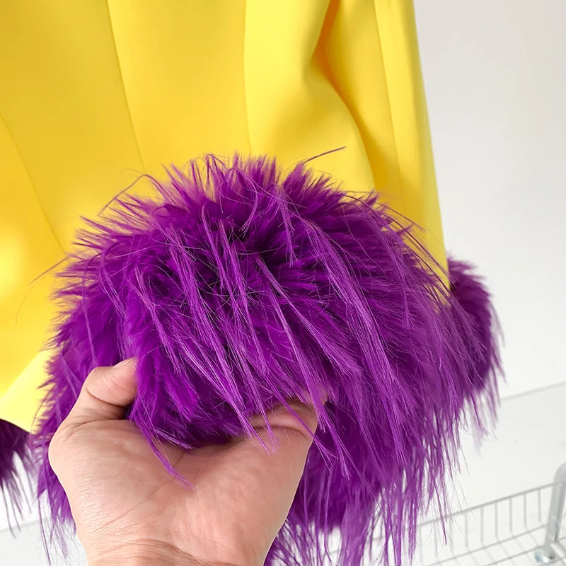 Yellow & Purple Contrast Feather Blazer - Festigal