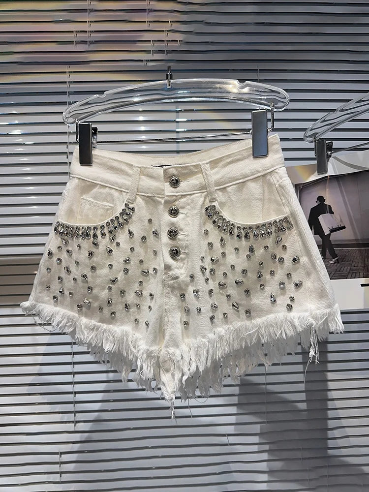 Denim Rhinestone Frayed Shorts - Festigal