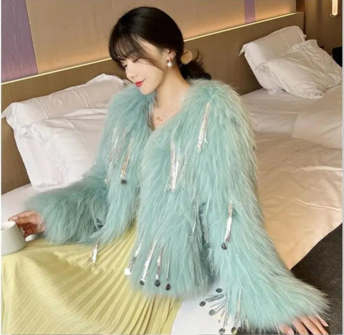 Women's Faux Fur Blue Sequin Tassel Jacket - Festigal